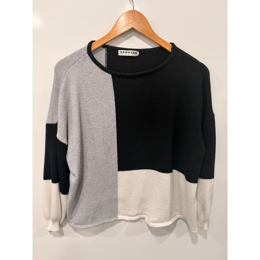 Ecowish Women Colorblock Knit Sweater Black Grey White Oversized Pullover Size M